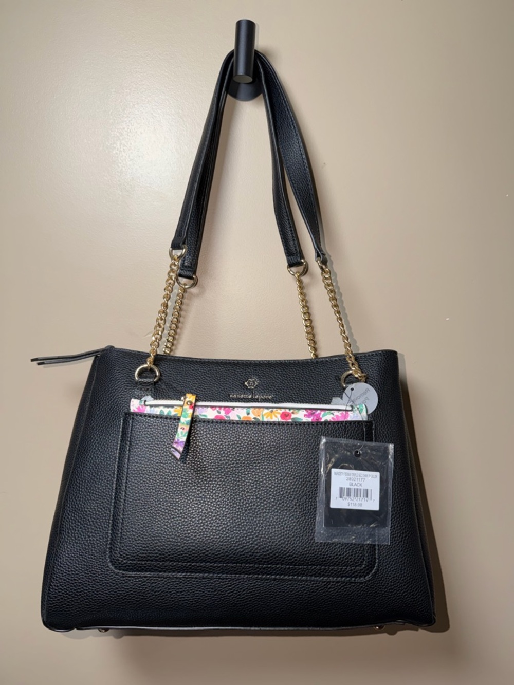 NWT Nanette Lepore Black Shoulder Bag with Gold Chain Accents & Detachable Bag
